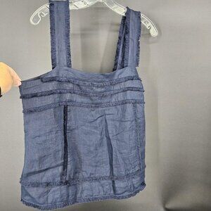 J Crew Tank Top Womens Size Small Blue Linen Fringed Trim Crop Festival Boho